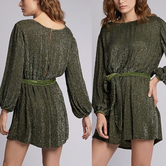 Retrofete Grace Mini Dress Small Army Green Sequins Self-tie Belt Back Keyhole - Picture 1 of 12